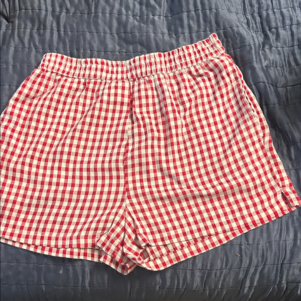 stradivarius Red & White Gingham Elastic-Waist Athletic Shorts